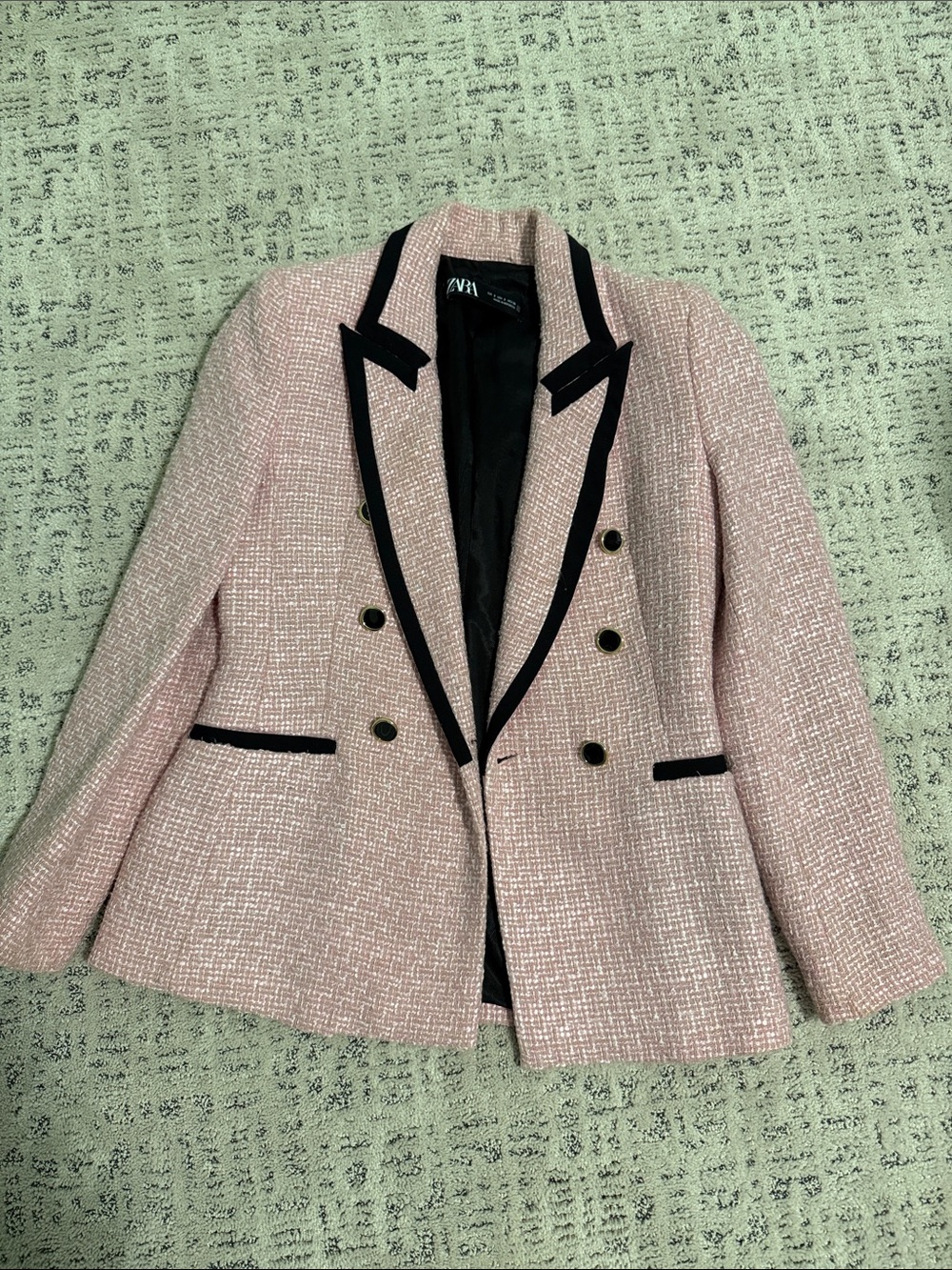Zara Light Pink Tweed Blazer with Black Trim